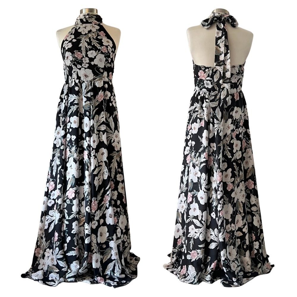 Xtaren Halter Maxi Dress Gown A-Line Black White Floral Print M